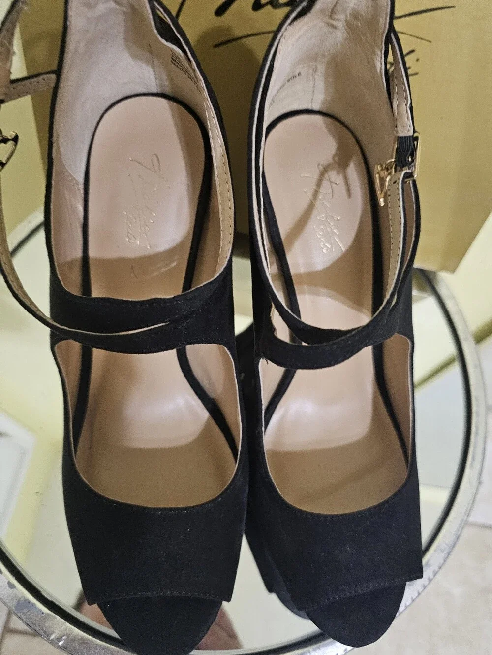 Thalia Sodi Black Suede Peep-Toe Mary Jane Heels